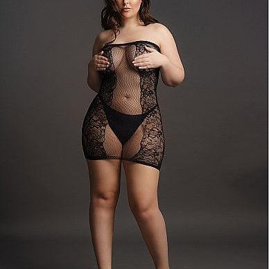 Plus size Le Désir strapless black mini dress with lace and fishnet details.