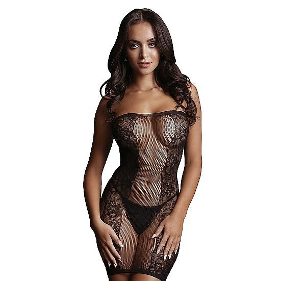Modell i Le Désir svart stroppeløs minikjole i netting og blonder, one size.