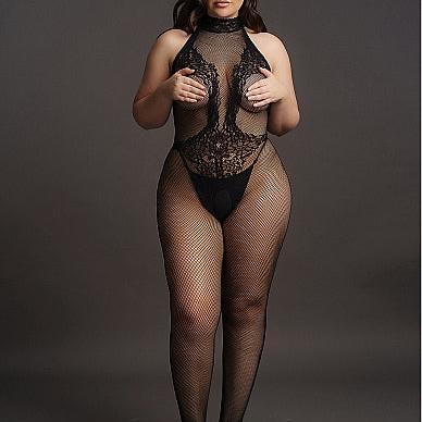Plus size svart fishnet og blonde bodystocking med halterneck og åpent skritt.