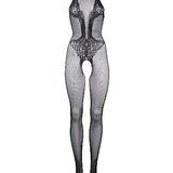 Le Désir Eksklusiv Sort Bodystocking i Fishnet og Blondemønster - One Size