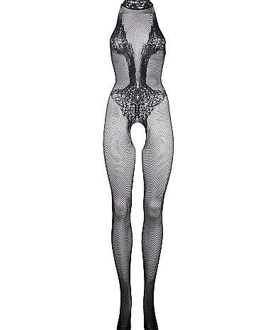 Le Désir Eksklusiv Sort Bodystocking i Fishnet og Blondemønster - One Size