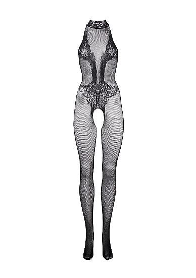 Le Désir Eksklusiv Sort Bodystocking i Fishnet og Blondemønster - One Size