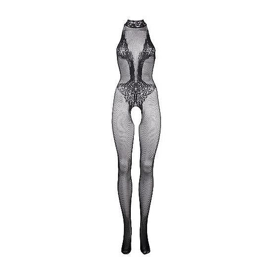 Sort fishnet bodystocking med blondemønster, halterneck og åpent skritt.