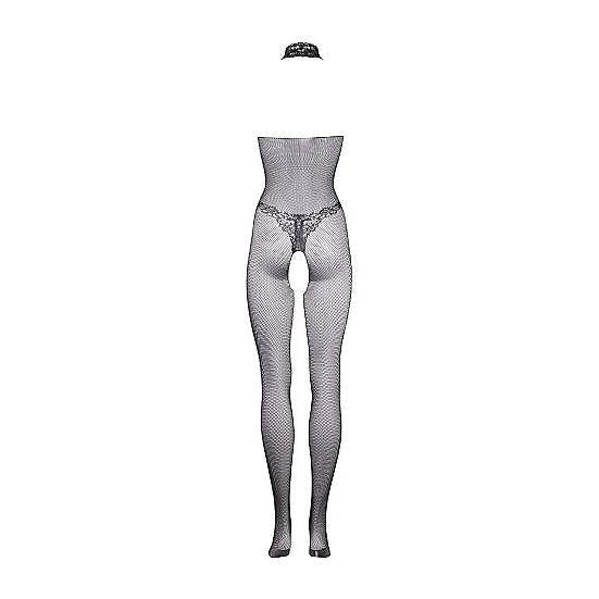 Sort fishnet bodystocking med blondemønster, halterneck og åpent skritt.