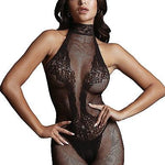 Le Désir Eksklusiv Sort Bodystocking i Fishnet og Blondemønster - One Size