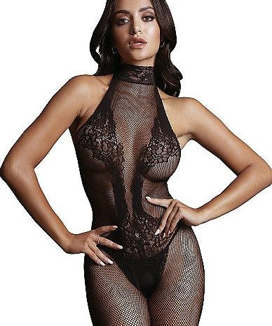 Le Désir Eksklusiv Sort Bodystocking i Fishnet og Blondemønster - One Size
