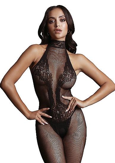 Le Désir Eksklusiv Sort Bodystocking i Fishnet og Blondemønster - One Size