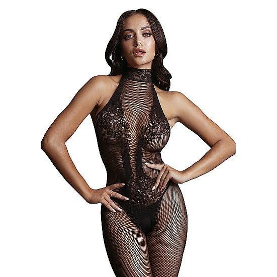 Sort fishnet bodystocking med blondemønster, halterneck og åpent skritt.