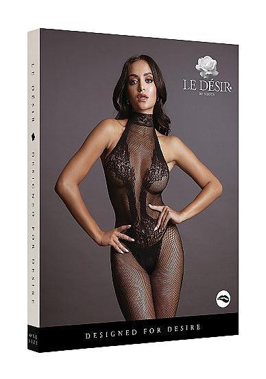 Le Désir Eksklusiv Sort Bodystocking i Fishnet og Blondemønster - One Size
