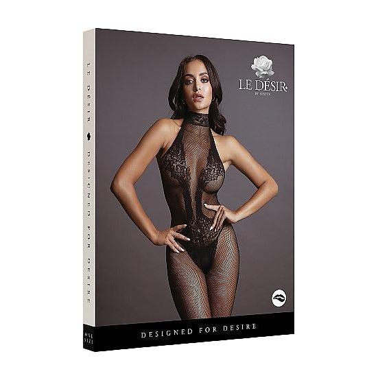 Sort fishnet bodystocking med blondemønster, halterneck og åpent skritt.
