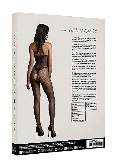 Le Désir Eksklusiv Sort Bodystocking i Fishnet og Blondemønster - One Size