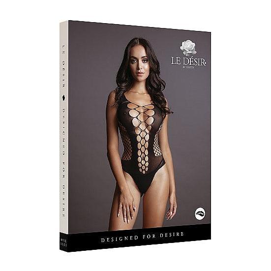 Le Désir svart fencenet teddy med dyp V-hals og gjennomsiktig netting, one size.