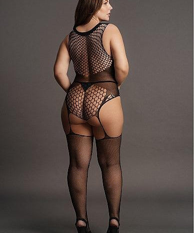 Le Désir Contrast Fencenet Teddy med strømper - Plus Size