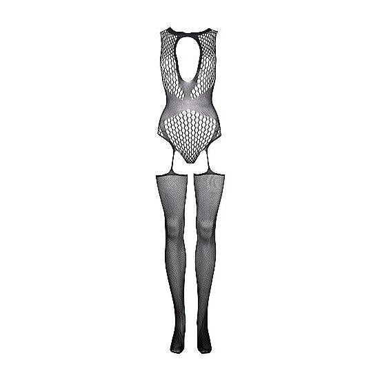 Sort Le Désir teddy i kontrast fishnet og fencenet med påmonterte strømper, one size.
