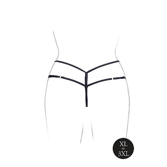 Sort blonde tanga i plus size med justerbare stropper og gulldetaljer.