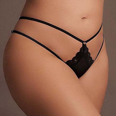 Sort blonde tanga med justerbare stropper og gull detaljer, designet for pluss størrelser.