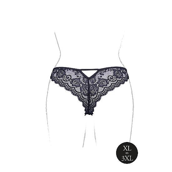 Sort, gjennomskinnelig blonde truse med elastiske sider og gull detaljer, tilgjengelig i XL-3XL.