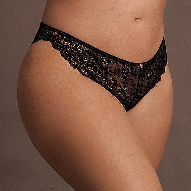 Le Désir Claire svart elastisk blonde truse med justerbare gylne detaljer, plus size.