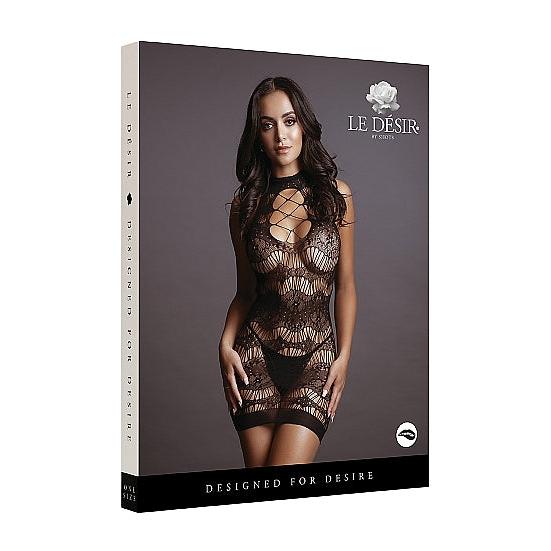 Sort, elastisk Le Désir minikjole med sexy criss cross halslinje, blonde og nettingmønster.
