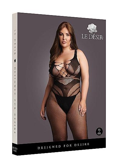 Le Désir Sexy Nettmønstret Bodystocking med Korsettdesign og Åpen Rygg - Plus Size