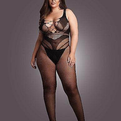 Plus size modell i svart netting bodystocking med korsettdesign, åpen rygg og store/små masker.