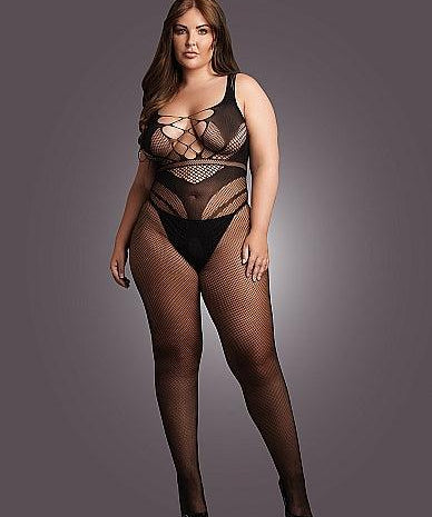 Le Désir Sexy Nettmønstret Bodystocking med Korsettdesign og Åpen Rygg - Plus Size