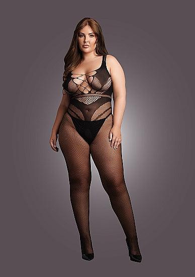Le Désir Sexy Nettmønstret Bodystocking med Korsettdesign og Åpen Rygg - Plus Size