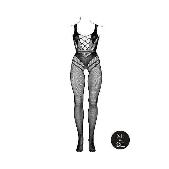 Svart plus size netting bodystocking med korsettdesign, åpen rygg og skritt. Tilgjengelig i XL til 4XL.