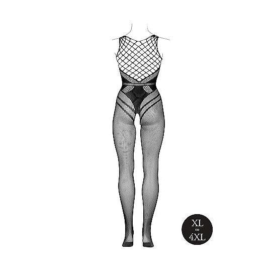 Svart plus size nett bodystocking med korsettdesign, åpen rygg og nettingmønster.