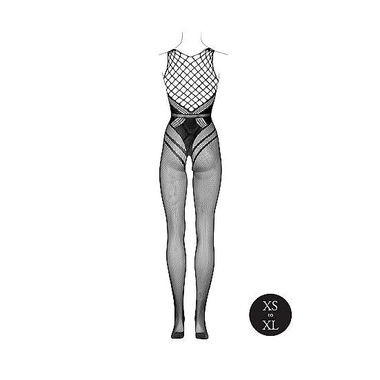 Svart netting bodystocking med korsettdesign, åpen rygg og varierte nettingmønstre. One size.