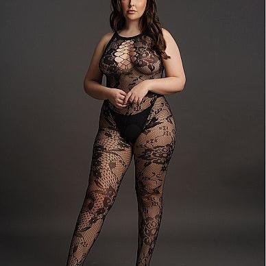 Plus size svart blondestoff bodystocking med kryssende halslinje og blomstermønster.