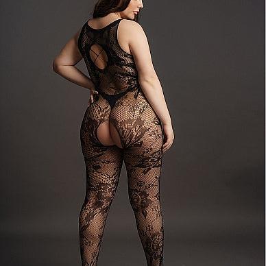 Plus size svart blond bodystocking med kryssende stropper i ryggen og åpen skritt.