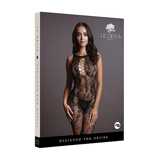 Svart blondemønstret bodystocking med høy utringning, kryssende stropper og åpent skritt.