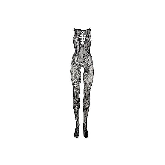 Svart blondemønstret bodystocking med høy utringning, kryssende stropper og åpent skritt.