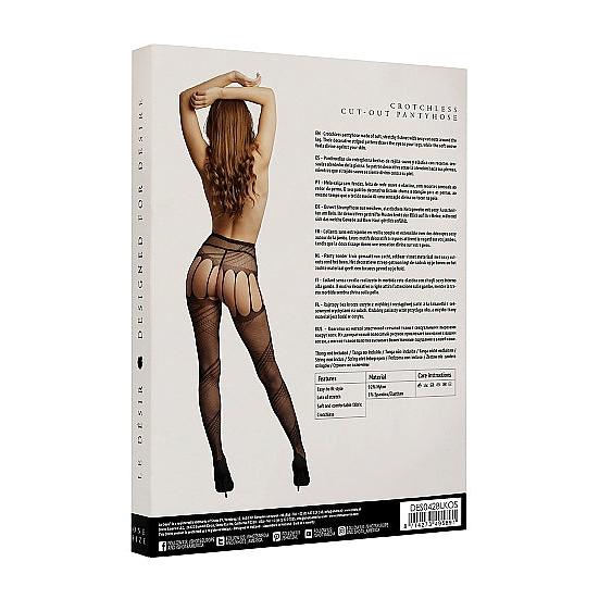 Sort, crotchless strømpebukse med utskjæringer, stripemønster og elastisk nylon/spandex-materiale.