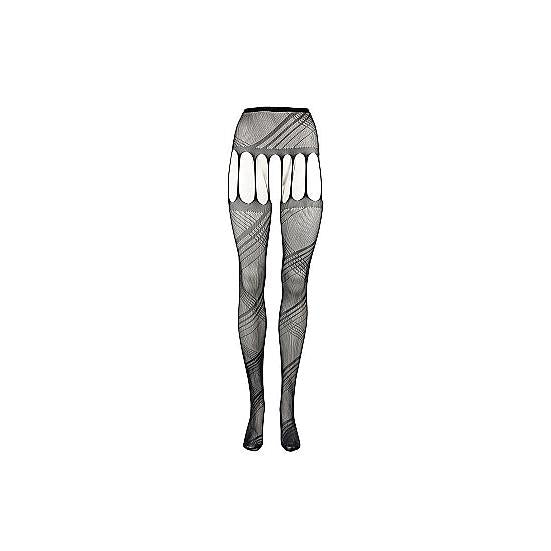 Sorte, crotchless strømpebukser i fiskenett med sexy utskjæringer og dekorativt stripemønster.