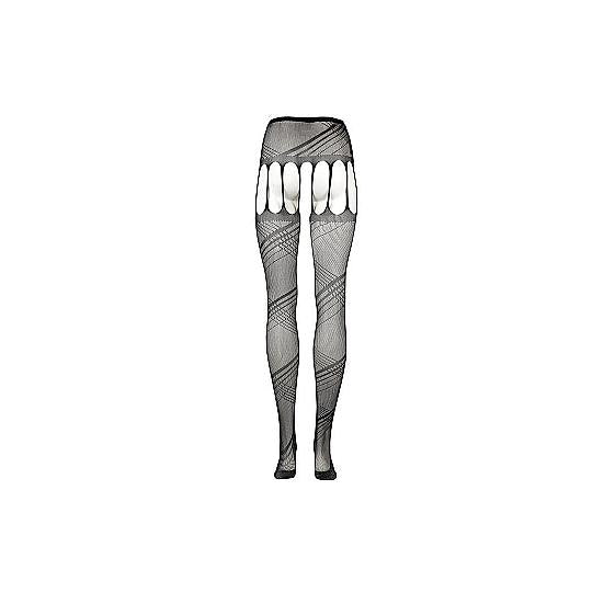 Svarte, crotchless strømpebukser i fiskenett med utskjæringer og dekorativt stripemønster.