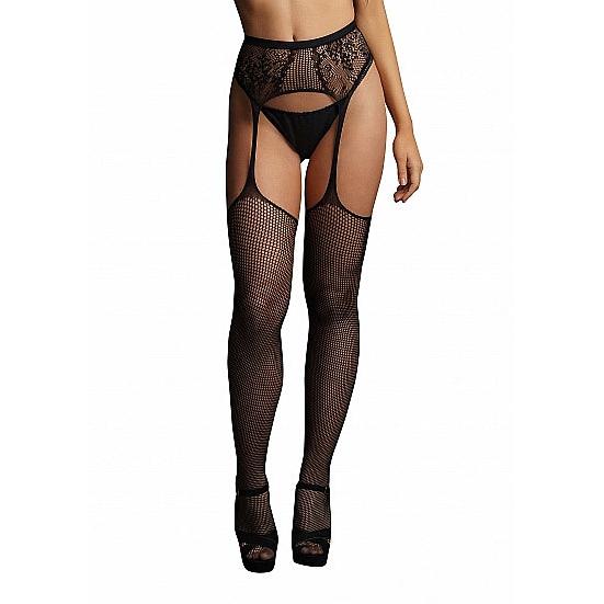 Sorte fishnet strømpeholder med blonde garterbelt og utskjæring, one size S-XL.