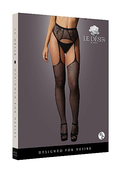 Le Désir Fishnet and Lace Garterbelt Stockings - One Size - Sort