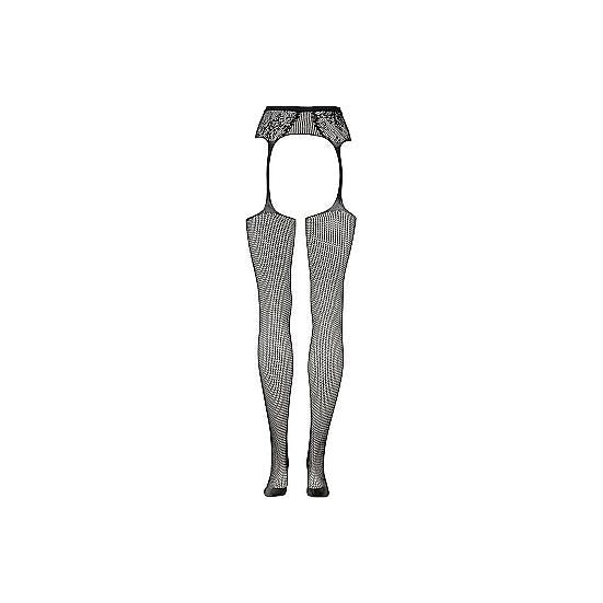 Sorte fishnet strømpeholder med blondekant og garterbelt-design.