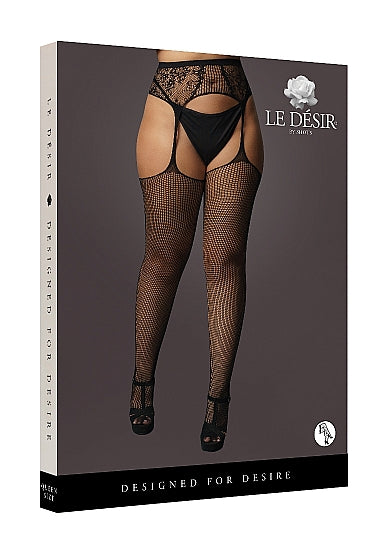 Le Désir Fishnet and Lace Garterbelt Stockings - Plus Size - Sort