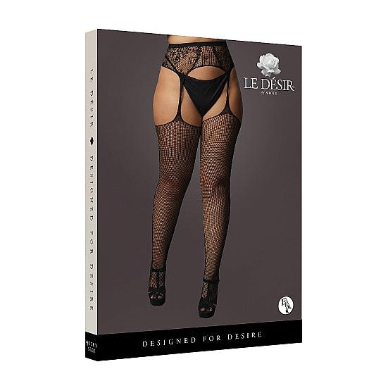 Sorte fishnet og blonde strømpeholder i plus size (XL-4XL) med garterbelt og truse.