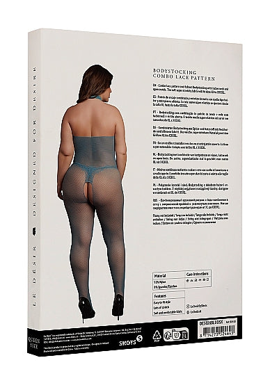 Le Désir Dyp Petrolblå Bodystocking med Fishnet og Blonder - Plus Size