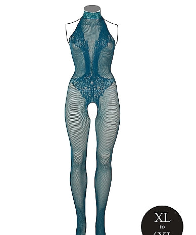 Le Désir Dyp Petrolblå Bodystocking med Fishnet og Blonder - Plus Size