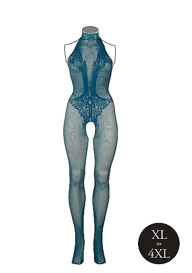 Le Désir Dyp Petrolblå Bodystocking med Fishnet og Blonder - Plus Size
