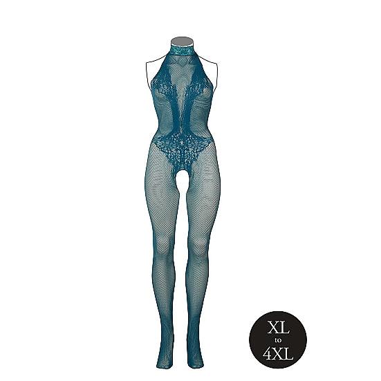 Dyp petrolblå plus size bodystocking med fishnet, blonder, halterneck og åpent skritt.