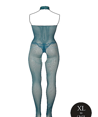 Le Désir Dyp Petrolblå Bodystocking med Fishnet og Blonder - Plus Size
