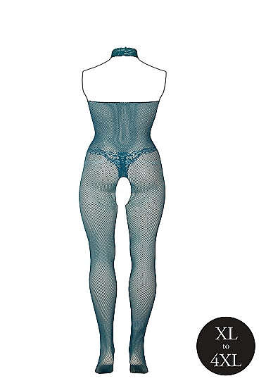 Le Désir Dyp Petrolblå Bodystocking med Fishnet og Blonder - Plus Size