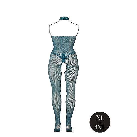 Dyp petrolblå plus size bodystocking med fishnet, blonder, halterneck og åpent skritt.