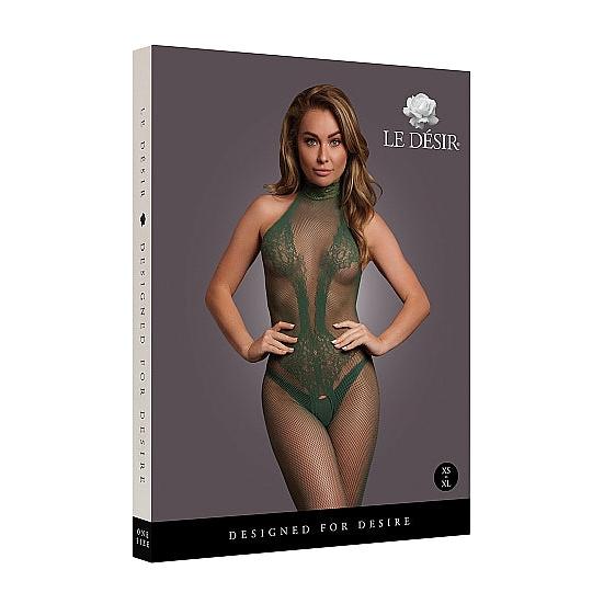 Smaragdgrønn fishnet og blonde bodystocking med halterneck og åpen skritt.